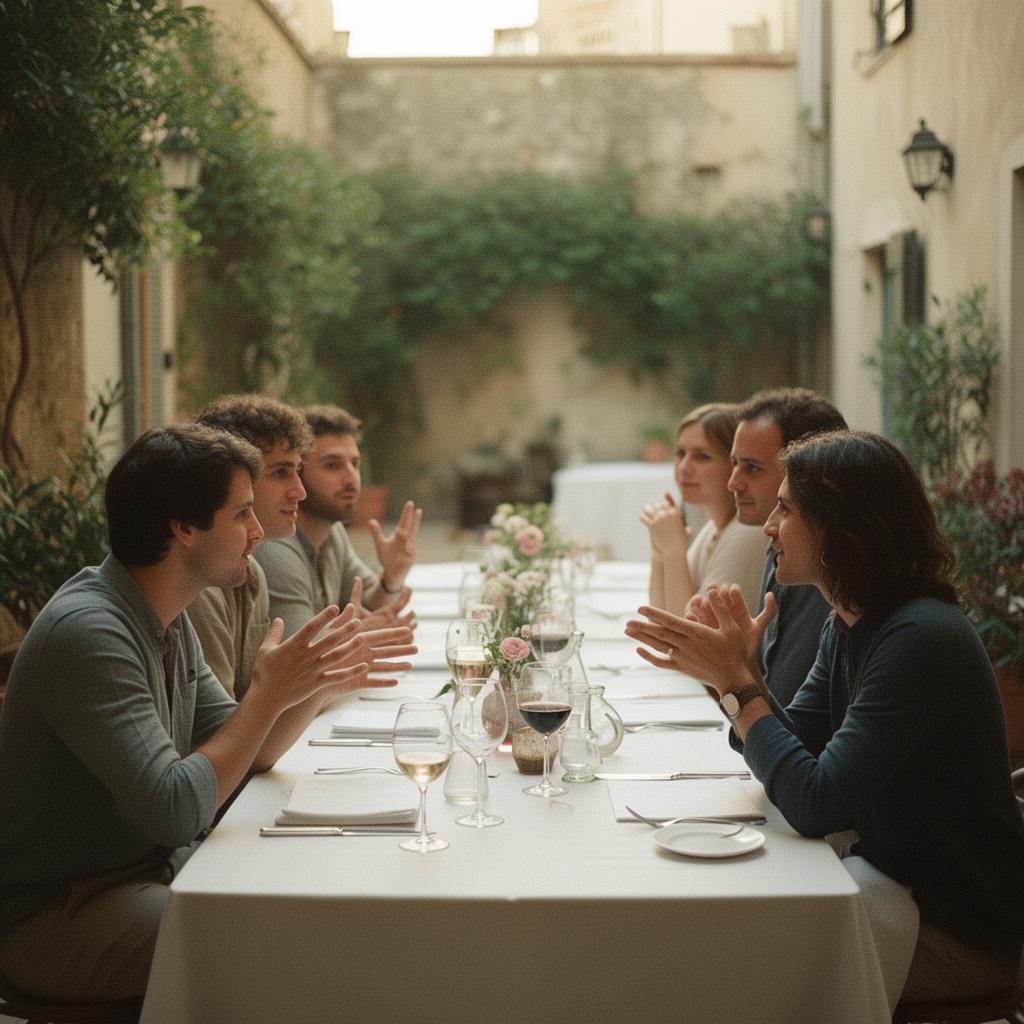A small group in conversation around a long table in a courtyard.