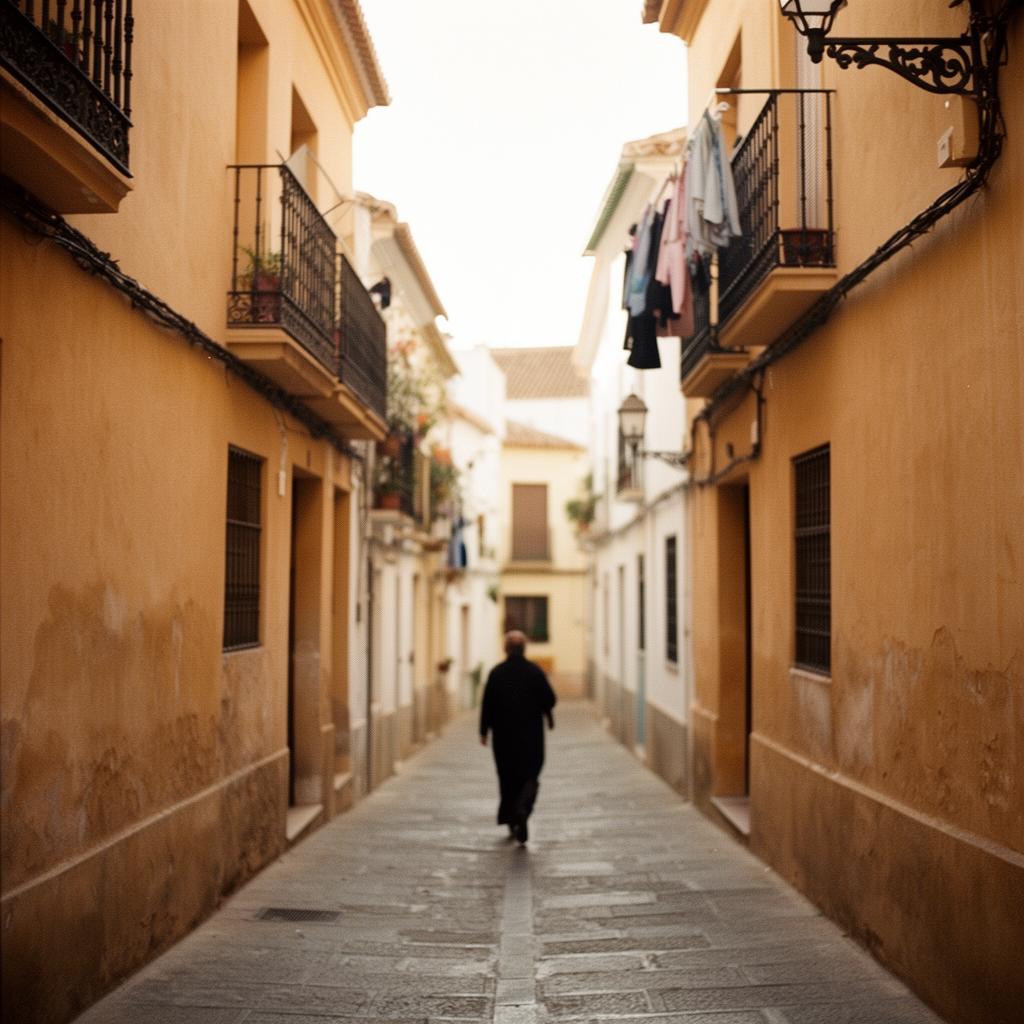 A quiet, warm-lit street in an old Andalusian town.