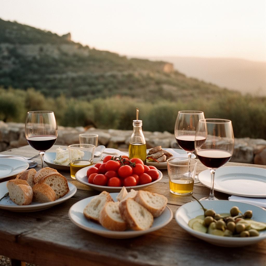 A table set with bread, tomatoes, olive oil and wine, overlooking Mediterranean hills at dusk.