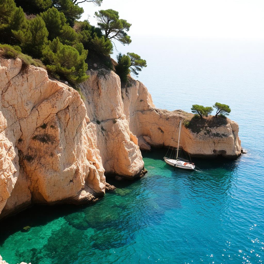 Turquoise Mediterranean water meeting rugged cliffs.