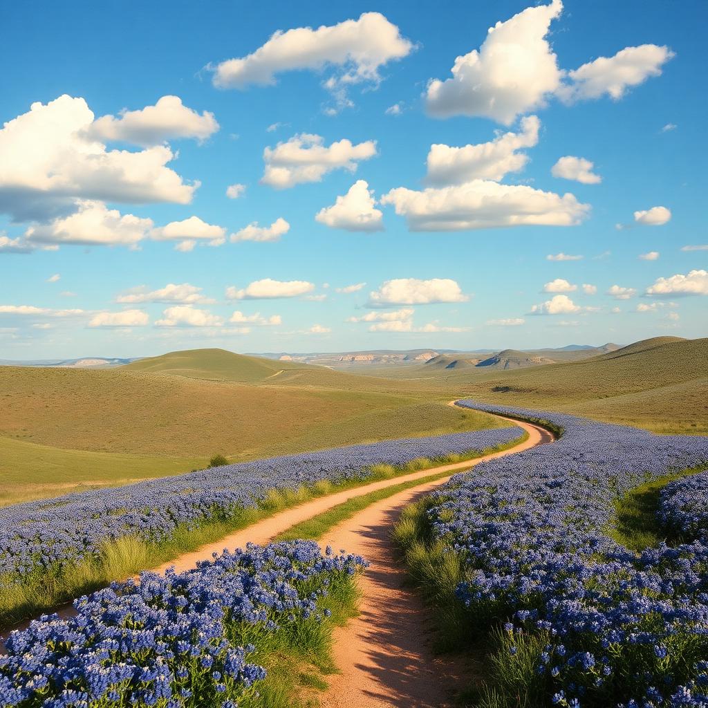 Texas Hill Country with bluebonnets and rolling limestone hills.