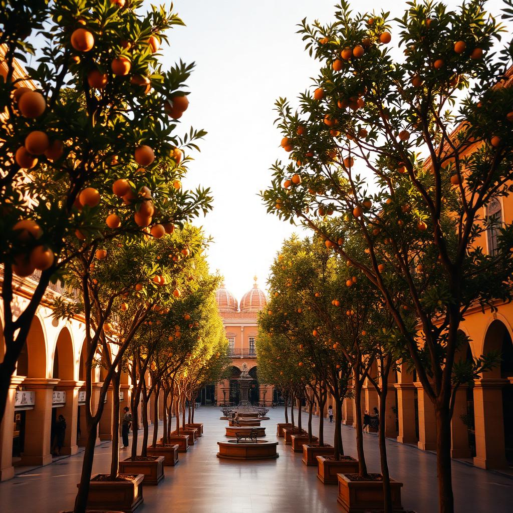 Orange trees and ceramic domes in Valencia.