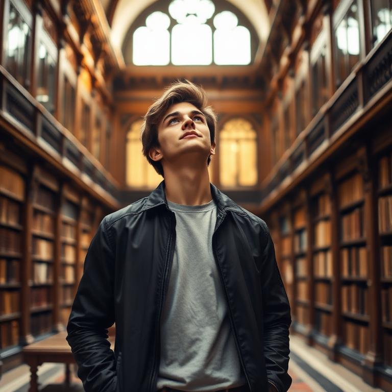 A young ambitious person in a sunlit historic courtyard.