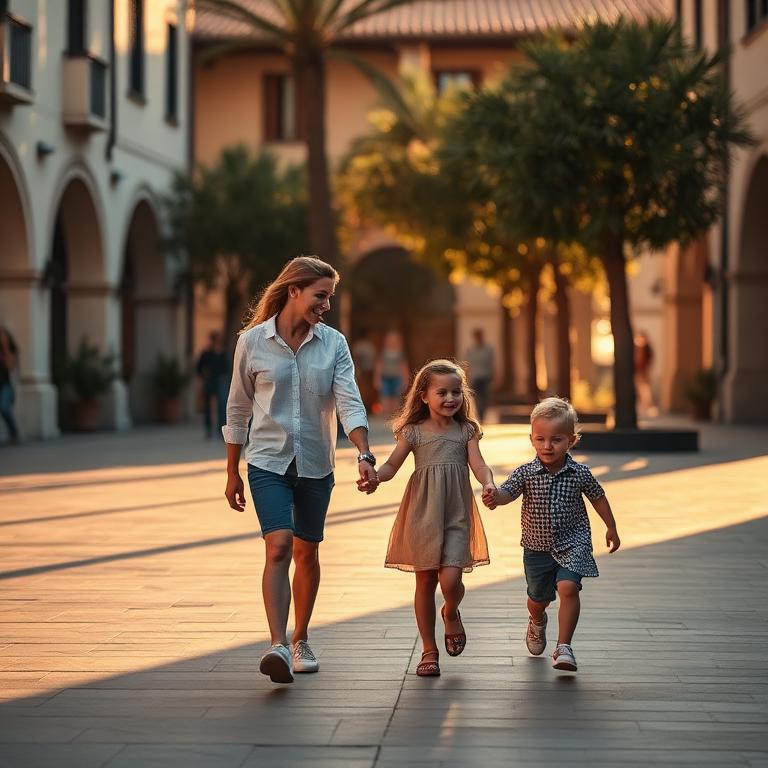 A young family walking through a sunlit plaza, beginning a new chapter.