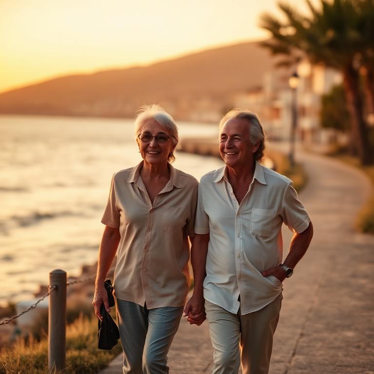 A retired couple walking along a coastal path at sunset.
