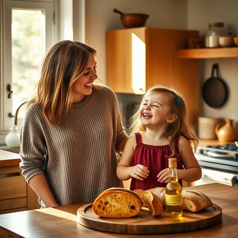 A mother and daughter laughing together in a warm kitchen.