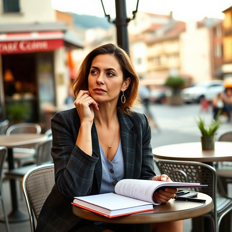 A thoughtful professional at a cafe, planning with a notebook.